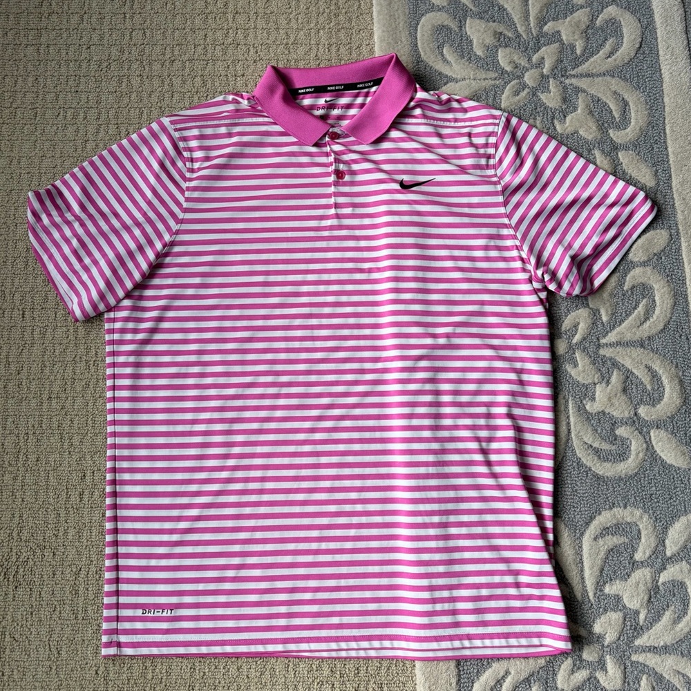 Nike Pink and White Striped Golf Polo